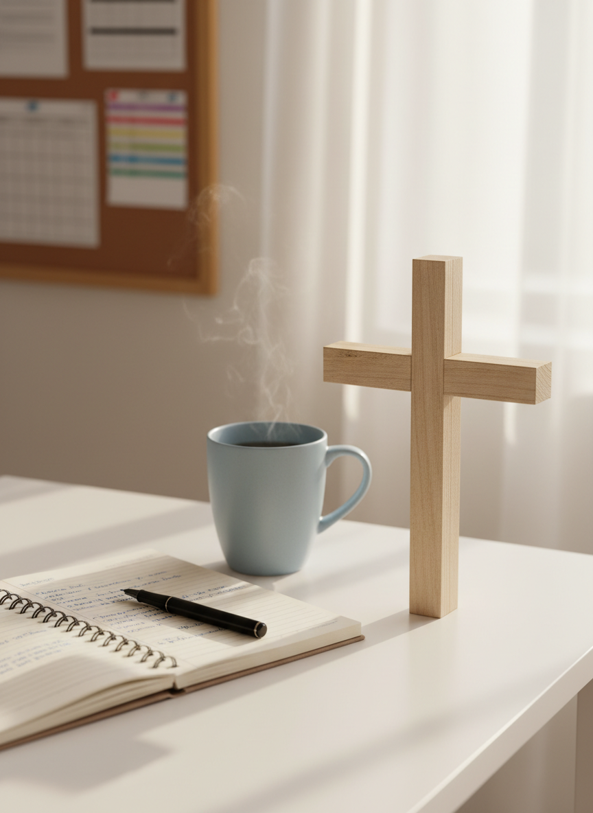 A simple wooden cross carved with precise lines stands upright on a smooth white desk, next to a spiral-bound notebook filled with neatly written theological notes and a fine-tipped black pen resting diagonally across the page. A ceramic mug of tea with faint steam rises nearby. In the background, out of focus, a corkboard holds pinned index cards and color-coded study schedules. Soft morning light filters through sheer curtains, bathing the scene in a calm, diffused glow. Captured from a slightly elevated angle, the composition follows the rule of thirds with sharp focus on the cross and notebook, creating a professional, reflective mood suitable for a seminary blog header in realistic photographic style.