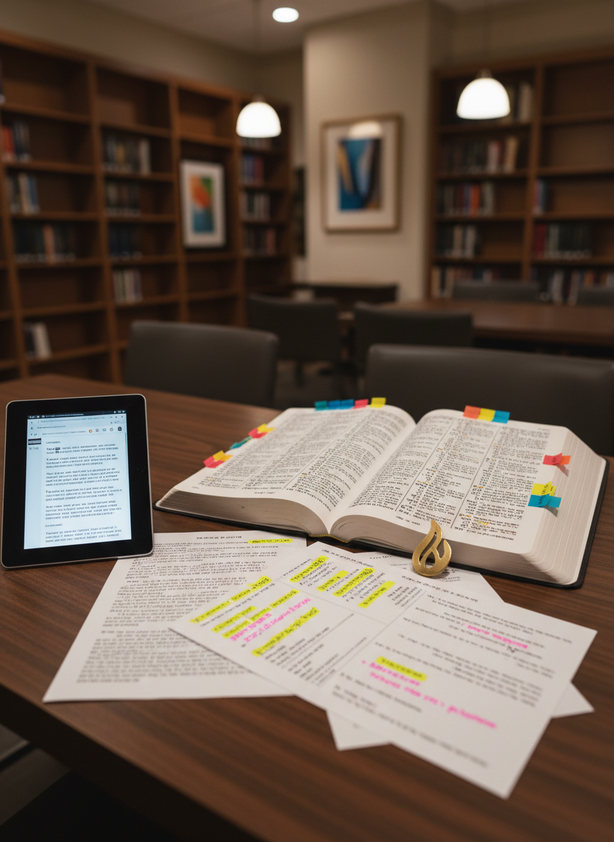 An open Hebrew and Greek interlinear Bible lies flat on a dark walnut table, its columns of tiny printed text sharply in focus, with colored sticky tabs neatly marking key passages. Surrounding it are highlighted class handouts, a slim tablet displaying a digital commentary page, and a small brass bookmark shaped like a flame resting on the margin near Esther 4:14. Overhead warm pendant lighting casts even, soft illumination without harsh shadows, mimicking a quiet library or seminary study room. Shot from a slightly elevated, three-quarter angle with moderate depth of field, the background fades into a subtle blur of shelves and framed abstract art, creating an atmosphere of focused theological reflection in professional photographic realism.