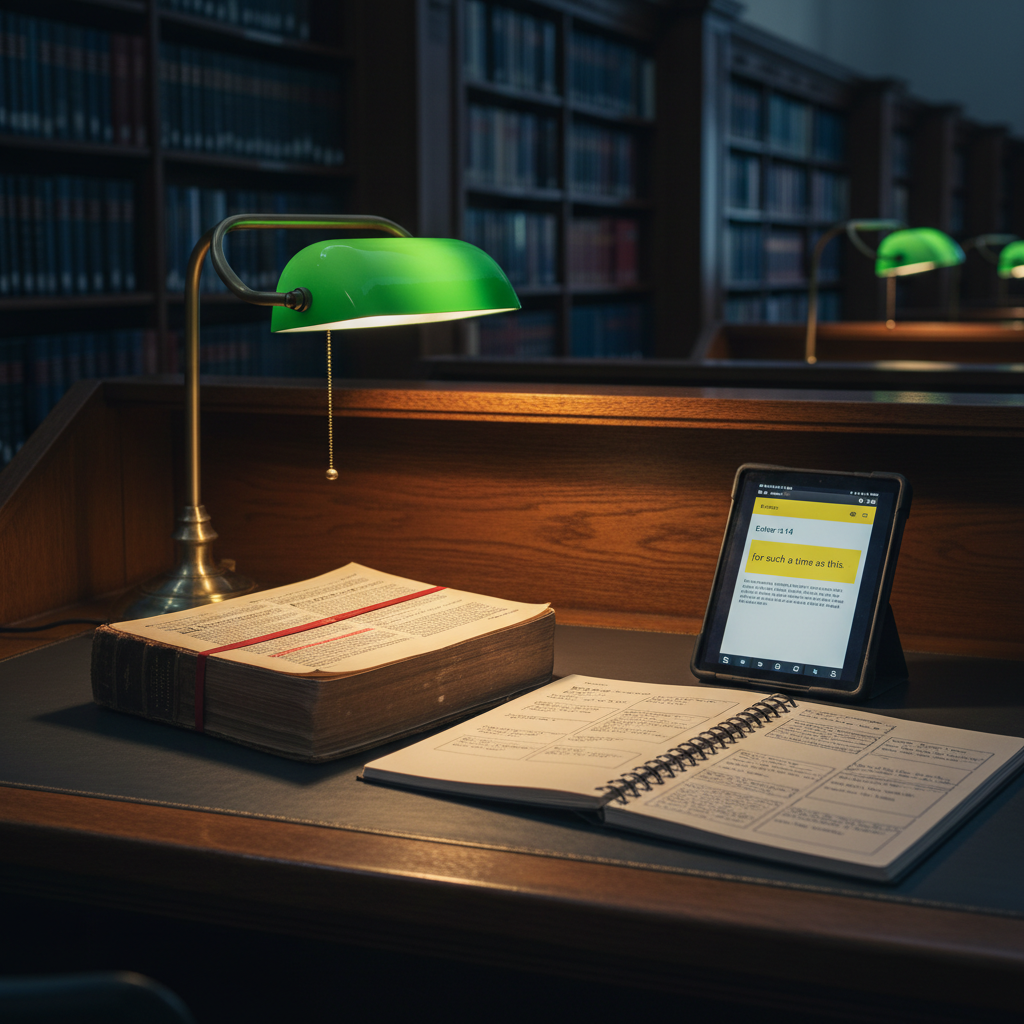 A reserved corner of a seminary library is depicted through a small wooden study carrel, its surface covered with carefully arranged materials: a leather-bound systematic theology volume opened mid-chapter, a notebook with structured sermon outlines, and a tablet propped up displaying a digital Bible app highlighted at Esther 4:14. A subtle brass desk lamp casts a warm pool of light over the workspace, while the surrounding tall bookshelves fade into soft, cool-toned shadows. The perspective is from seated eye level, drawing the viewer into the quiet, focused environment. The composition uses leading lines of the desk and shelves to guide the eye, creating a serene, professional mood of disciplined study in high-resolution photographic realism.